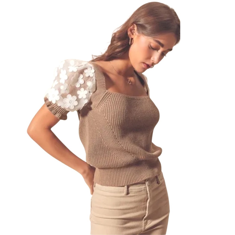 So Me Oatmeal Cotton Knit Floral Mesh Puff Sleeve Sweater Top Small NWT JT1236